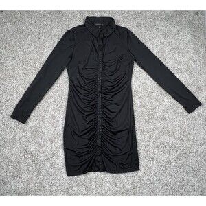 Absolutely It Womens L Black Ruched Button Front Shirt Dress Bodycon